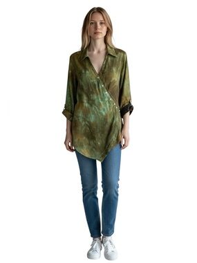 Soft Surroundings Tie Dye Asymmetrical Crossover Tunic Blouse Olive Green Boho